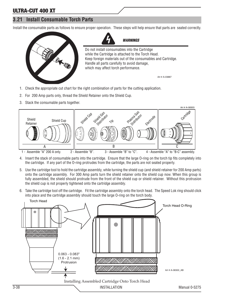 21 install consumable torch parts, Install consumable torch parts -38, Ultra-cut 400 xt | Tweco 400 XT Ultra-Cut Plasma Cutting System User Manual | Page 60 / 188