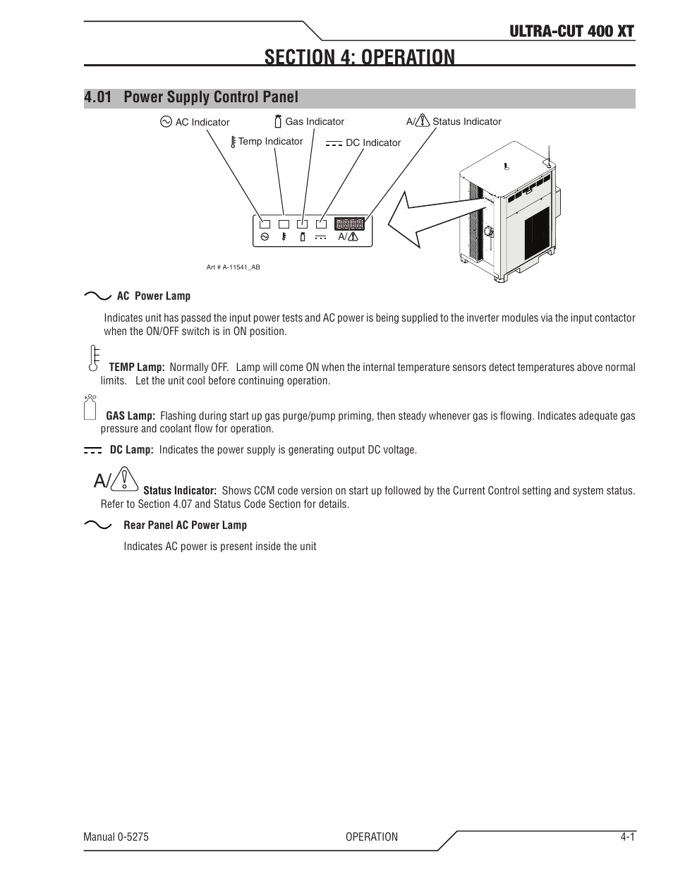 Section 4: operation, 01 power supply control panel, Section 4: operation -1 | Power supply control panel -1, Ultra-cut 400 xt | Tweco 400 XT Ultra-Cut Plasma Cutting System User Manual | Page 65 / 188