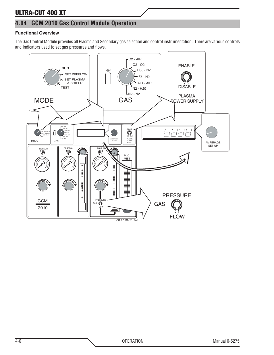 04 gcm 2010 gas control module operation, Gcm 2010 gas control module operation -6, Ultra-cut 400 xt | Mode gas, Flow gas pressure, Gcm 2010, Enable disable plasma power supply | Tweco 400 XT Ultra-Cut Plasma Cutting System User Manual | Page 70 / 188