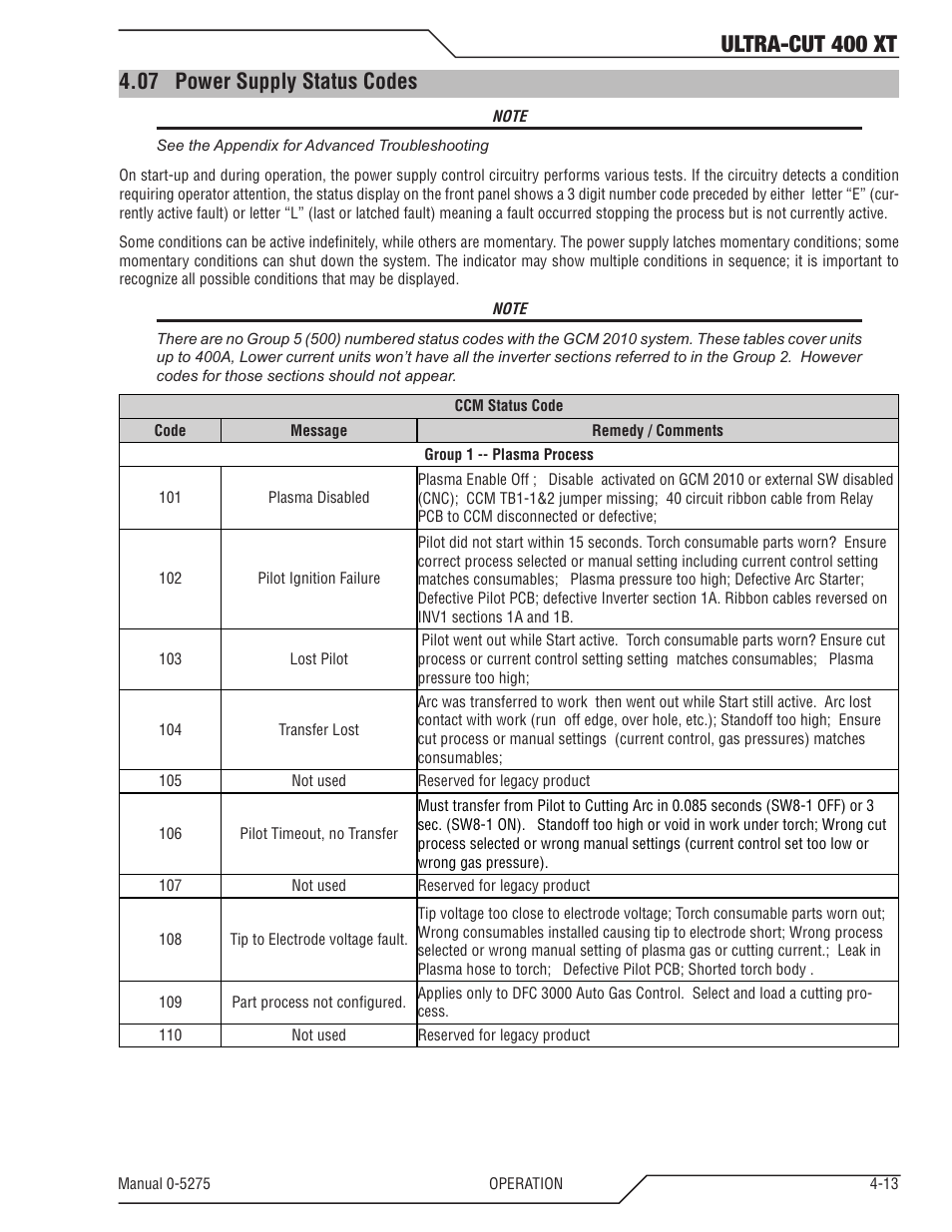 07 power supply status codes, Power supply status codes -13, Ultra-cut 400 xt | Tweco 400 XT Ultra-Cut Plasma Cutting System User Manual | Page 77 / 188