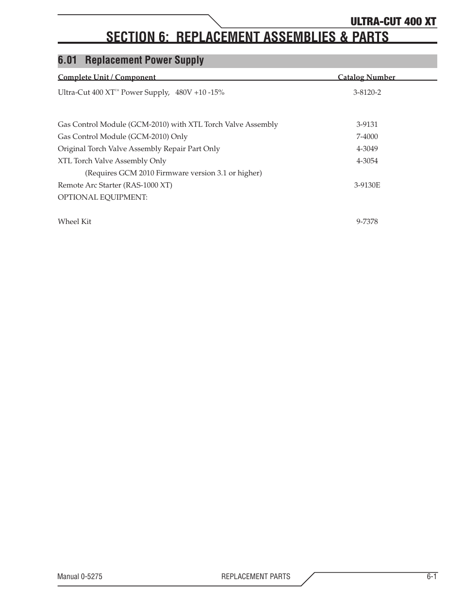 Section 6: replacement assemblies & parts, 01 replacement power supply, Section 6: replacement assemblies & parts -1 | Replacement power supply -1, Ultra-cut 400 xt | Tweco 400 XT Ultra-Cut Plasma Cutting System User Manual | Page 87 / 188