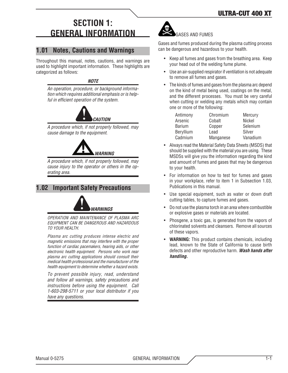 Section 1: general information, 01 notes, cautions and warnings, 02 important safety precautions | Section 1, General information -1, Notes, cautions and warnings -1, Important safety precautions -1, Ultra-cut 400 xt | Tweco 400 XT Ultra-Cut Plasma Cutting System User Manual | Page 9 / 188