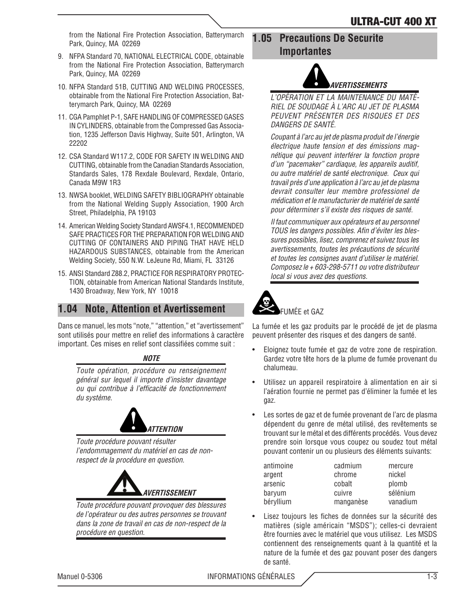 04 note, attention et avertissement, 05 precautions de securite importantes, Note, attention et avertissement -3 | Precautions de securite importantes -3, Ultra-cut 400 xt | Tweco 400 XT Ultra-Cut Plasma Cutting System With Automated Gas Control User Manual | Page 11 / 206