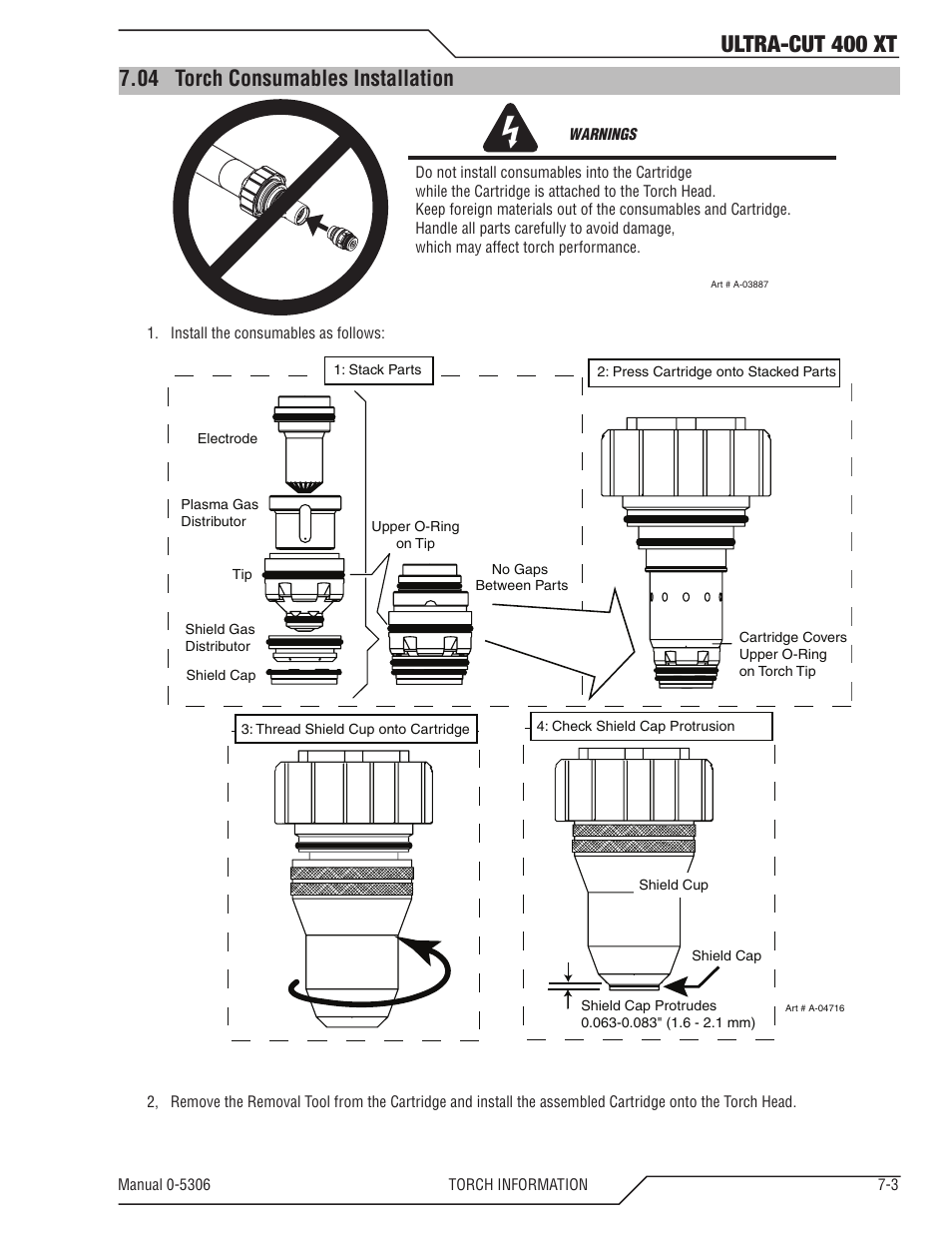 04 torch consumables installation, Torch consumables installation -3, Ultra-cut 400 xt | Tweco 400 XT Ultra-Cut Plasma Cutting System With Automated Gas Control User Manual | Page 121 / 206