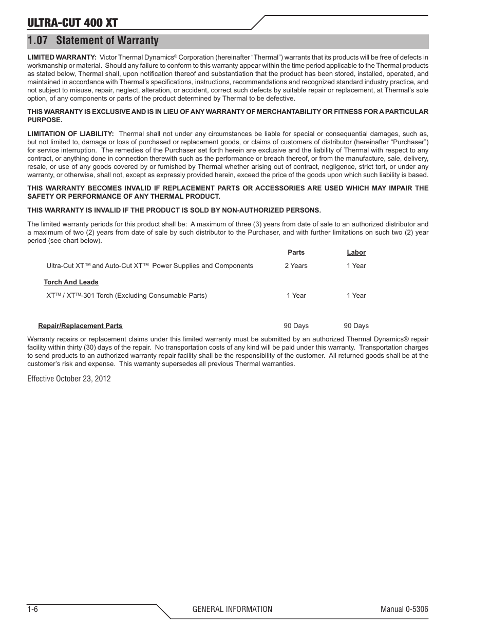 07 statement of warranty, Statement of warranty -6, Ultra-cut 400 xt | Tweco 400 XT Ultra-Cut Plasma Cutting System With Automated Gas Control User Manual | Page 14 / 206