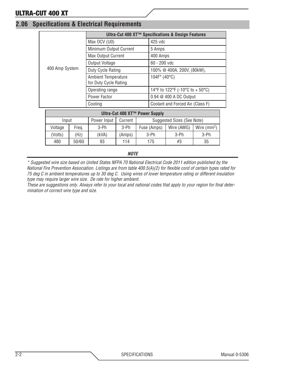 06 specifications & electrical requirements, Specifications & electrical requirements -2, Ultra-cut 400 xt | Tweco 400 XT Ultra-Cut Plasma Cutting System With Automated Gas Control User Manual | Page 16 / 206