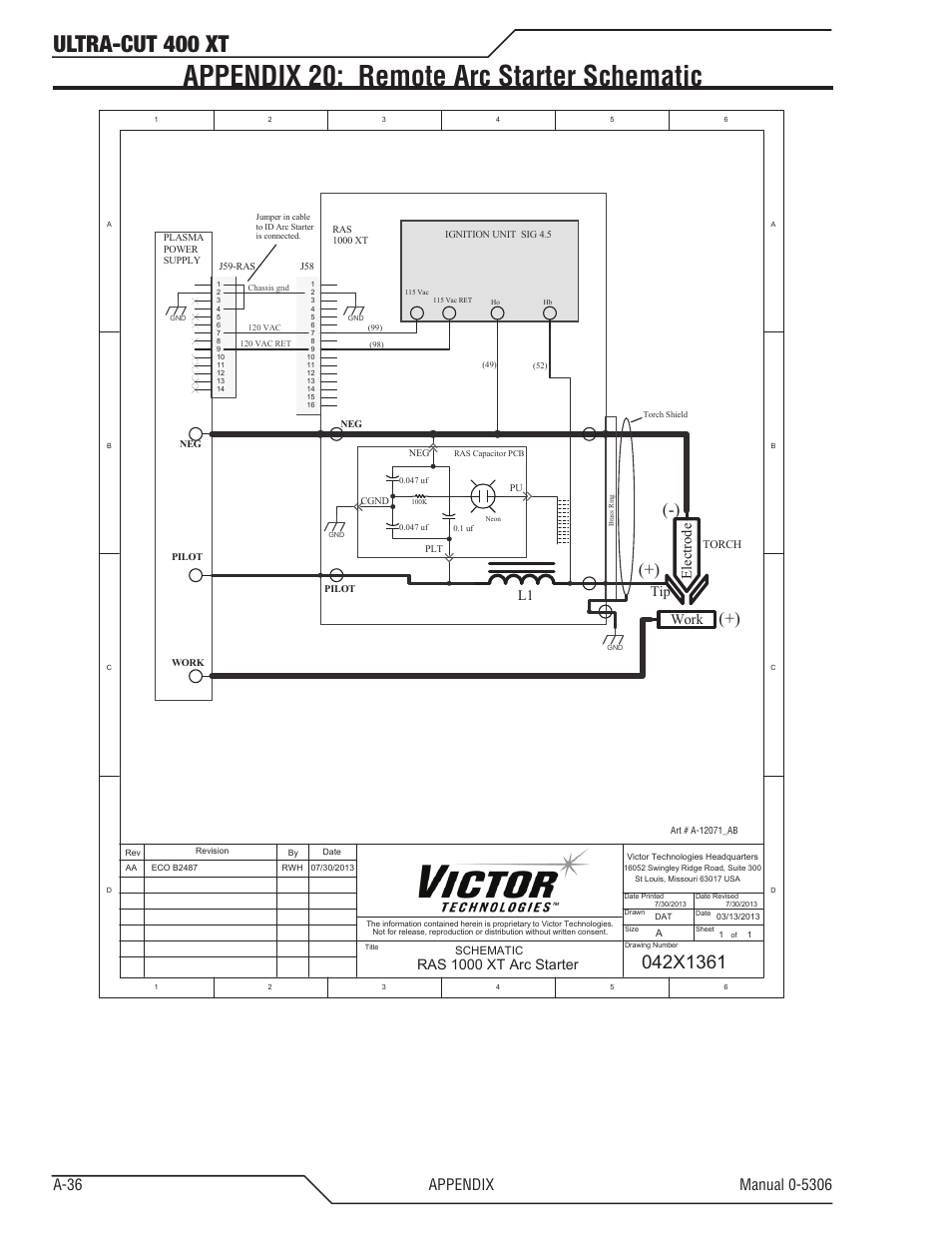 Appendix 20: remote arc starter schematic, Ultra-cut 400 xt, Ras 1000 xt arc starter | Work tip ele ct ro de | Tweco 400 XT Ultra-Cut Plasma Cutting System With Automated Gas Control User Manual | Page 160 / 206