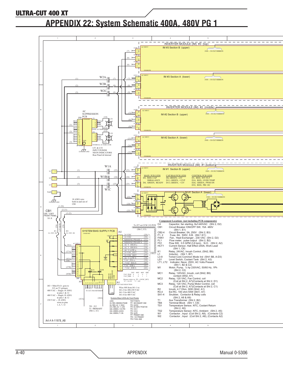 Appendix 22: system schematic 400a, 480v pg 1, Ultra-cut 400 xt, Work tip ele ct rod e | Hct1, W1a w1b w1c, W2a w2b w2c | Tweco 400 XT Ultra-Cut Plasma Cutting System With Automated Gas Control User Manual | Page 164 / 206
