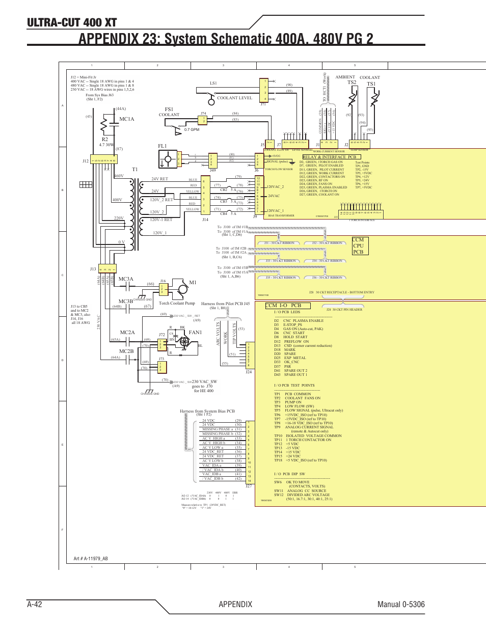 Appendix 23: system schematic 400a, 480v pg 2, Ultra-cut 400 xt, Ccm cpu pcb ccm i-o pcb | Mc3a mc3b, Mc2a mc2b ts1, W2 w1, Mc1a r2, Fan1 | Tweco 400 XT Ultra-Cut Plasma Cutting System With Automated Gas Control User Manual | Page 166 / 206