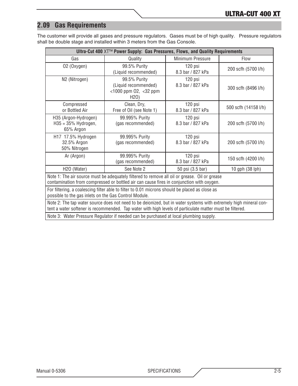 09 gas requirements, Gas requirements -5, Ultra-cut 400 xt | Tweco 400 XT Ultra-Cut Plasma Cutting System With Automated Gas Control User Manual | Page 19 / 206