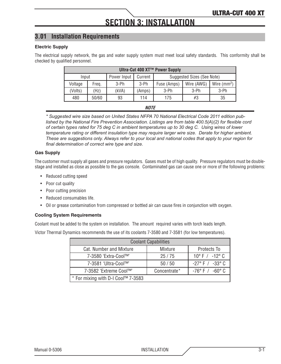 Section 3: installation, 01 installation requirements, Section 3: installation -1 | Installation requirements -1, Ultra-cut 400 xt | Tweco 400 XT Ultra-Cut Plasma Cutting System With Automated Gas Control User Manual | Page 23 / 206