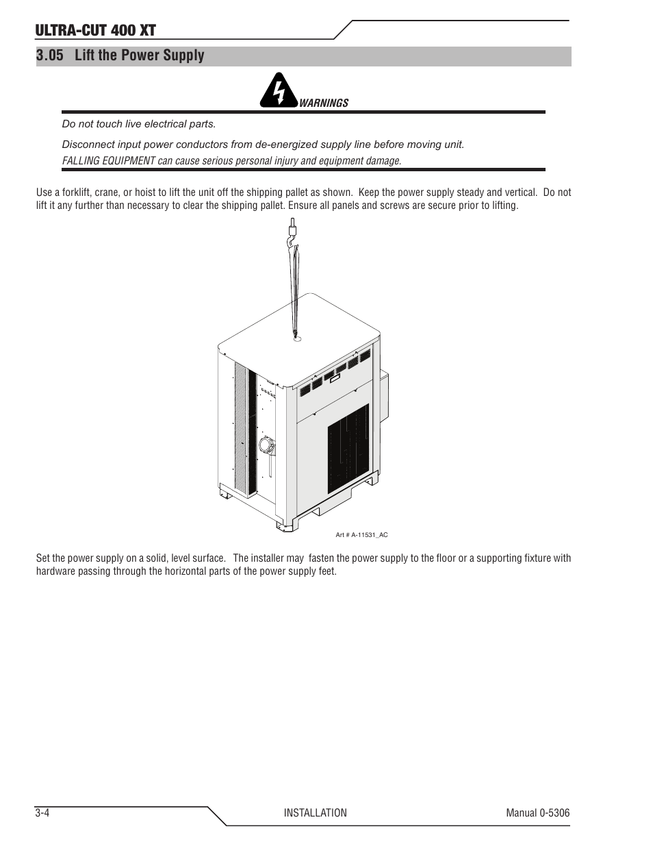 05 lift the power supply, Lift the power supply -4, Ultra-cut 400 xt | Tweco 400 XT Ultra-Cut Plasma Cutting System With Automated Gas Control User Manual | Page 26 / 206