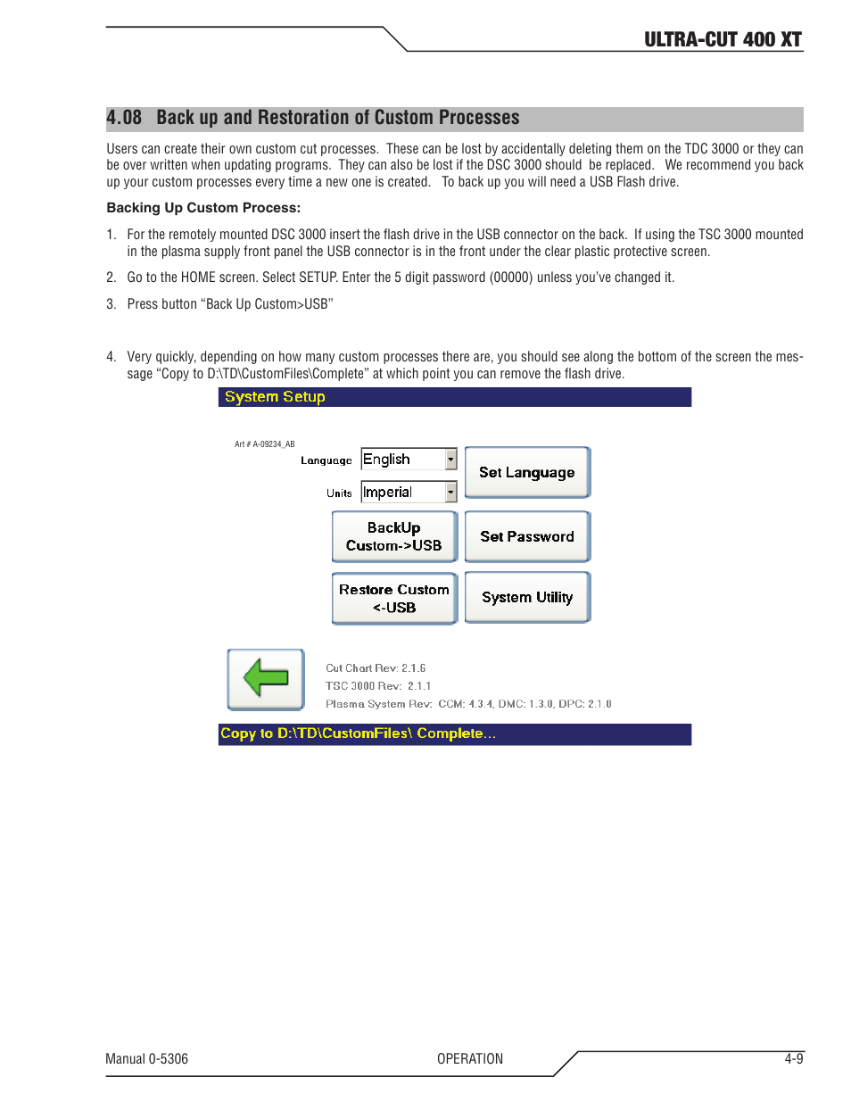 08 back up and restoration of custom processes, Back up and restoration of custom processes -9, Ultra-cut 400 xt | Tweco 400 XT Ultra-Cut Plasma Cutting System With Automated Gas Control User Manual | Page 77 / 206