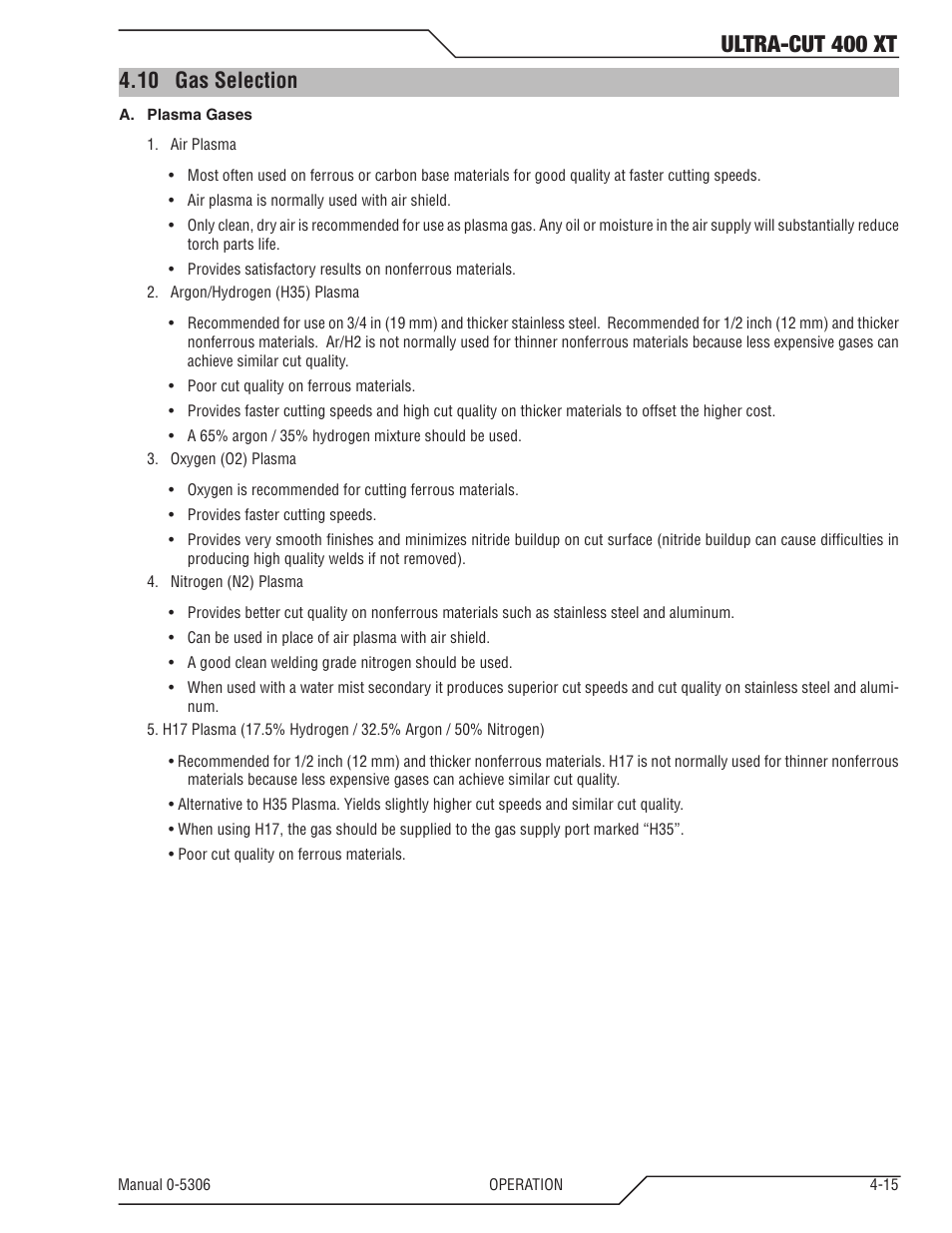 10 gas selection, Gas selection -15, Ultra-cut 400 xt | Tweco 400 XT Ultra-Cut Plasma Cutting System With Automated Gas Control User Manual | Page 83 / 206