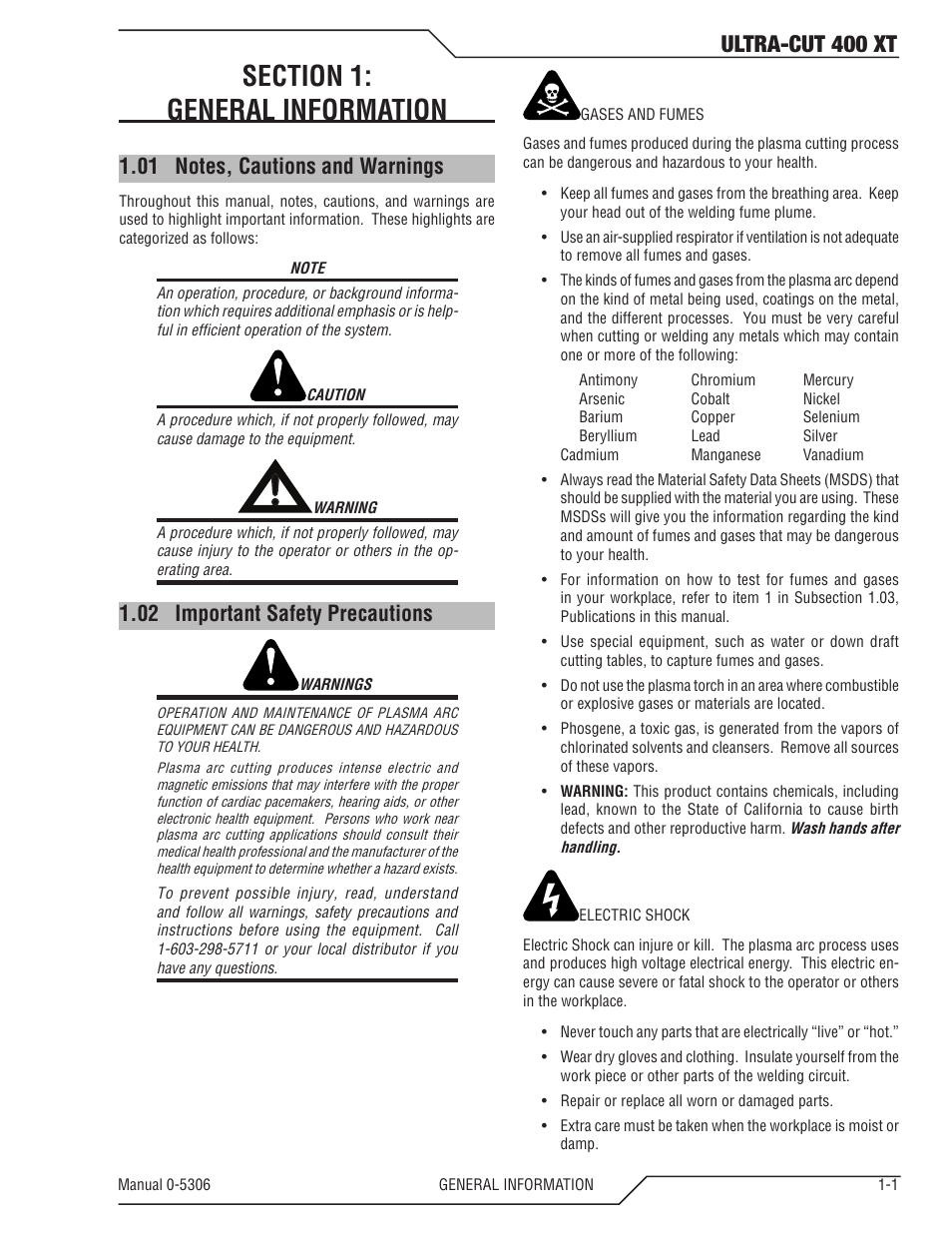 Section 1: general information, 01 notes, cautions and warnings, 02 important safety precautions | Section 1, General information -1, Notes, cautions and warnings -1, Important safety precautions -1, Ultra-cut 400 xt | Tweco 400 XT Ultra-Cut Plasma Cutting System With Automated Gas Control User Manual | Page 9 / 206
