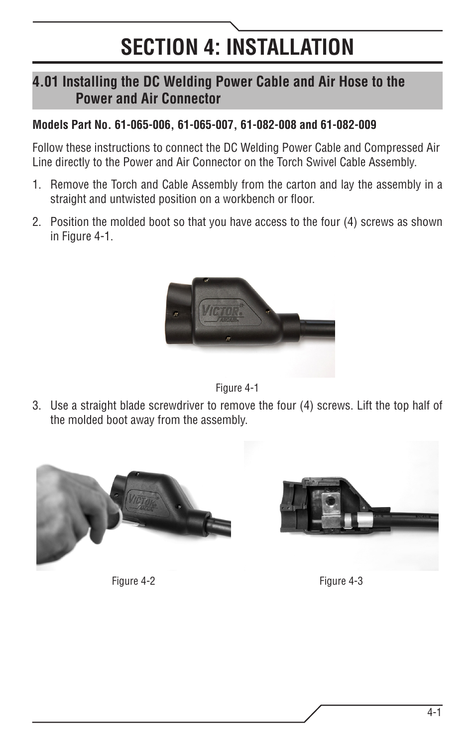 Section 4: installation, Power and air connector -1 | Tweco K4000 User Manual | Page 17 / 32