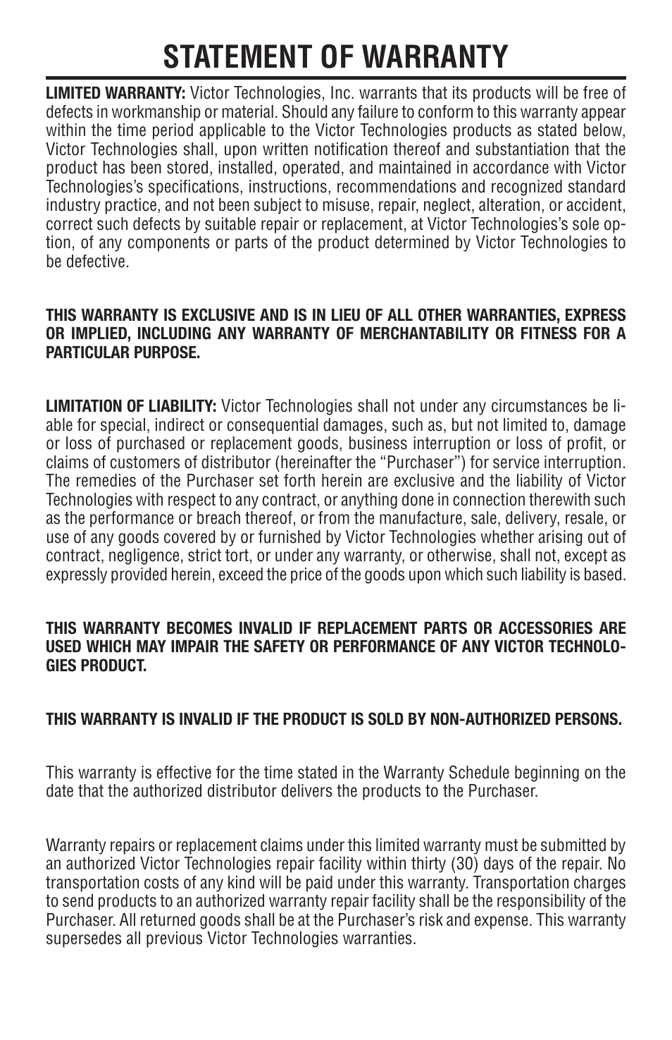 Statement of warranty | Tweco K4000 User Manual | Page 31 / 32