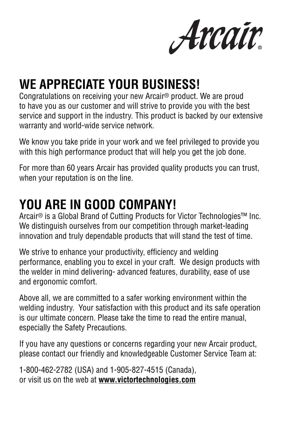 We appreciate your business, You are in good company | Tweco Tri-Arc Serie User Manual | Page 2 / 104