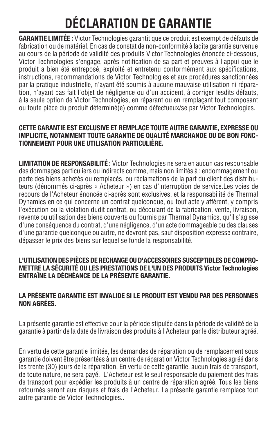 Déclaration de garantie | Tweco Tri-Arc Serie User Manual | Page 67 / 104