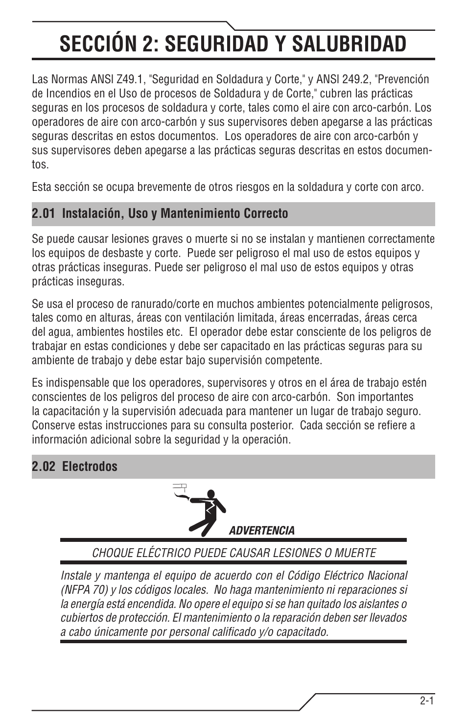 Sección 2: seguridad y salubridad, 01 instalación, uso y mantenimiento correcto, 02 electrodos | Sección 2: seguridad y salubridad -1 | Tweco Tri-Arc Serie User Manual | Page 75 / 104