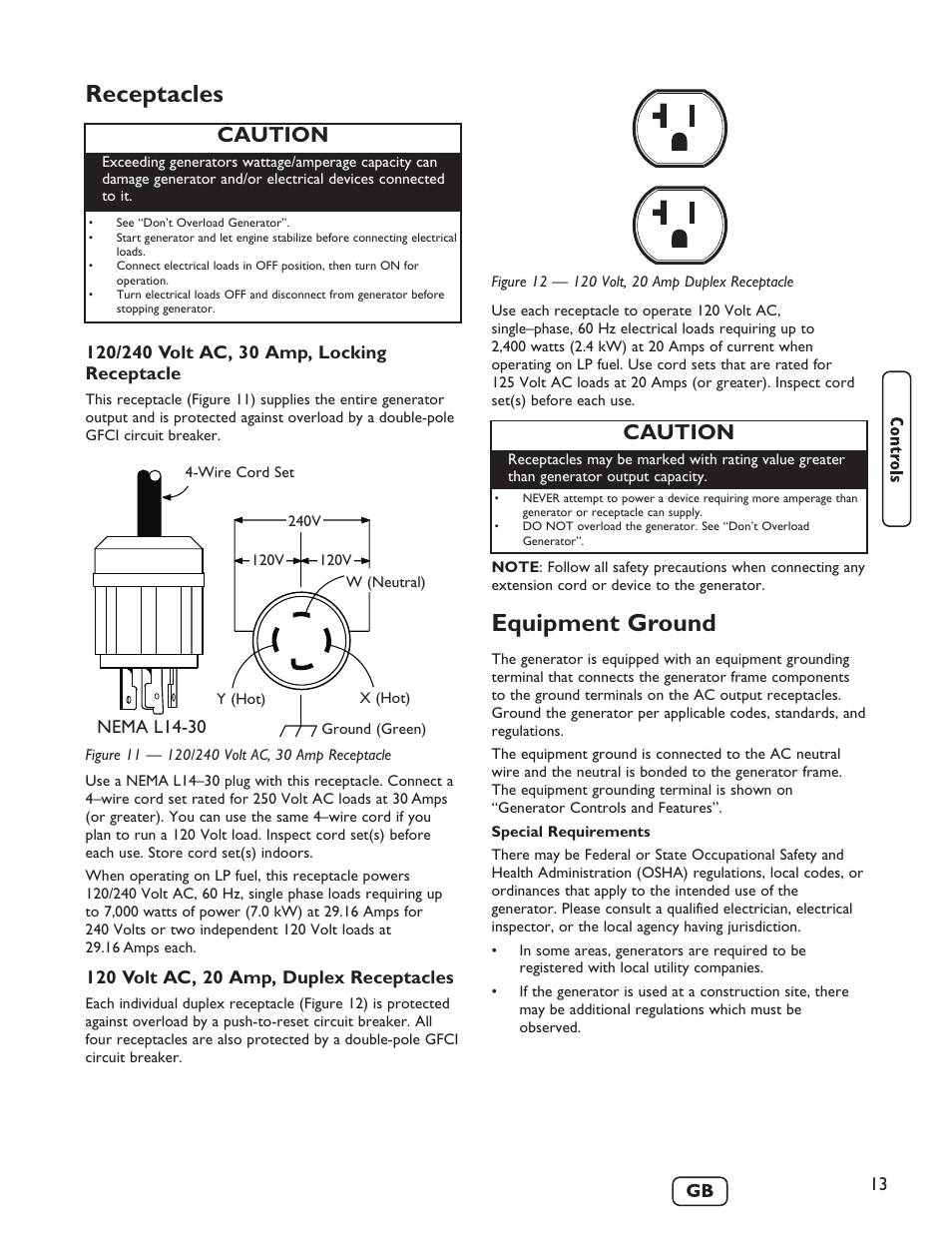 Receptacles, Equipment ground, Caution | Briggs & Stratton 40248 User Manual | Page 15 / 28