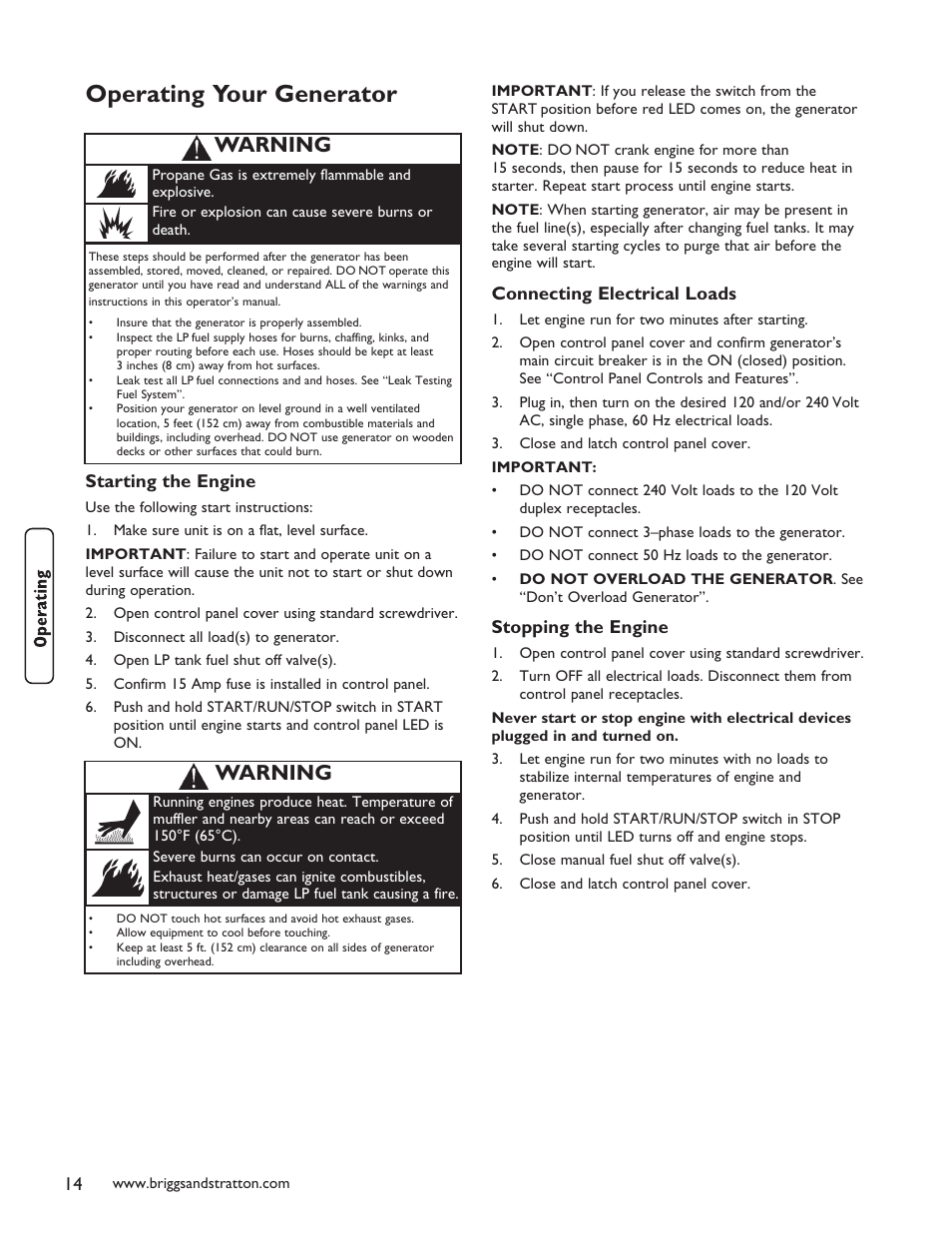 Operating your generator, Starting the engine, Connecting electrical loads | Stopping the engine, Warning | Briggs & Stratton 40248 User Manual | Page 16 / 28