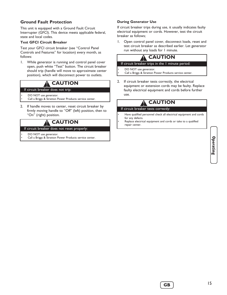 Caution, 15 ground fault protection | Briggs & Stratton 40248 User Manual | Page 17 / 28