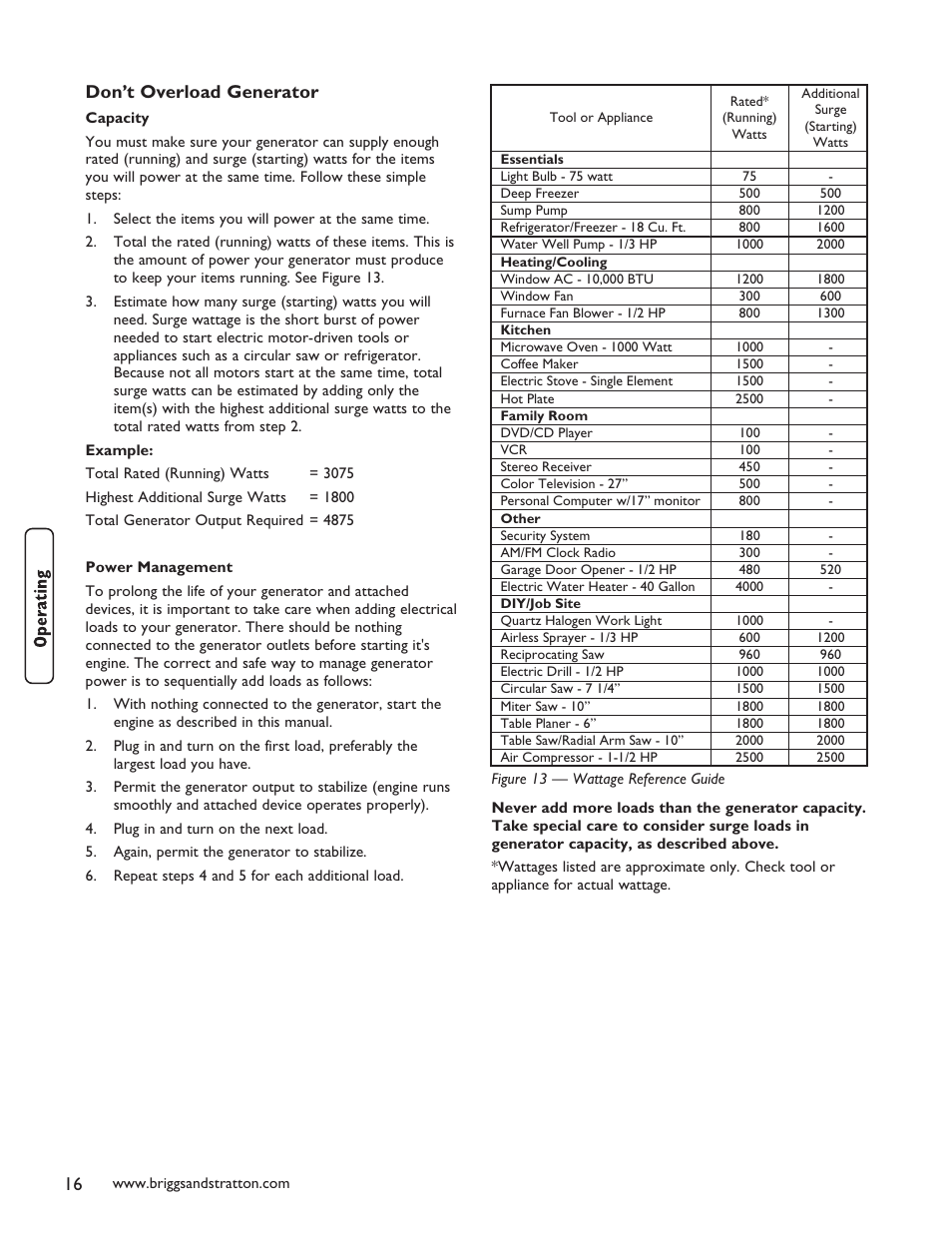 Don’t overload generator | Briggs & Stratton 40248 User Manual | Page 18 / 28