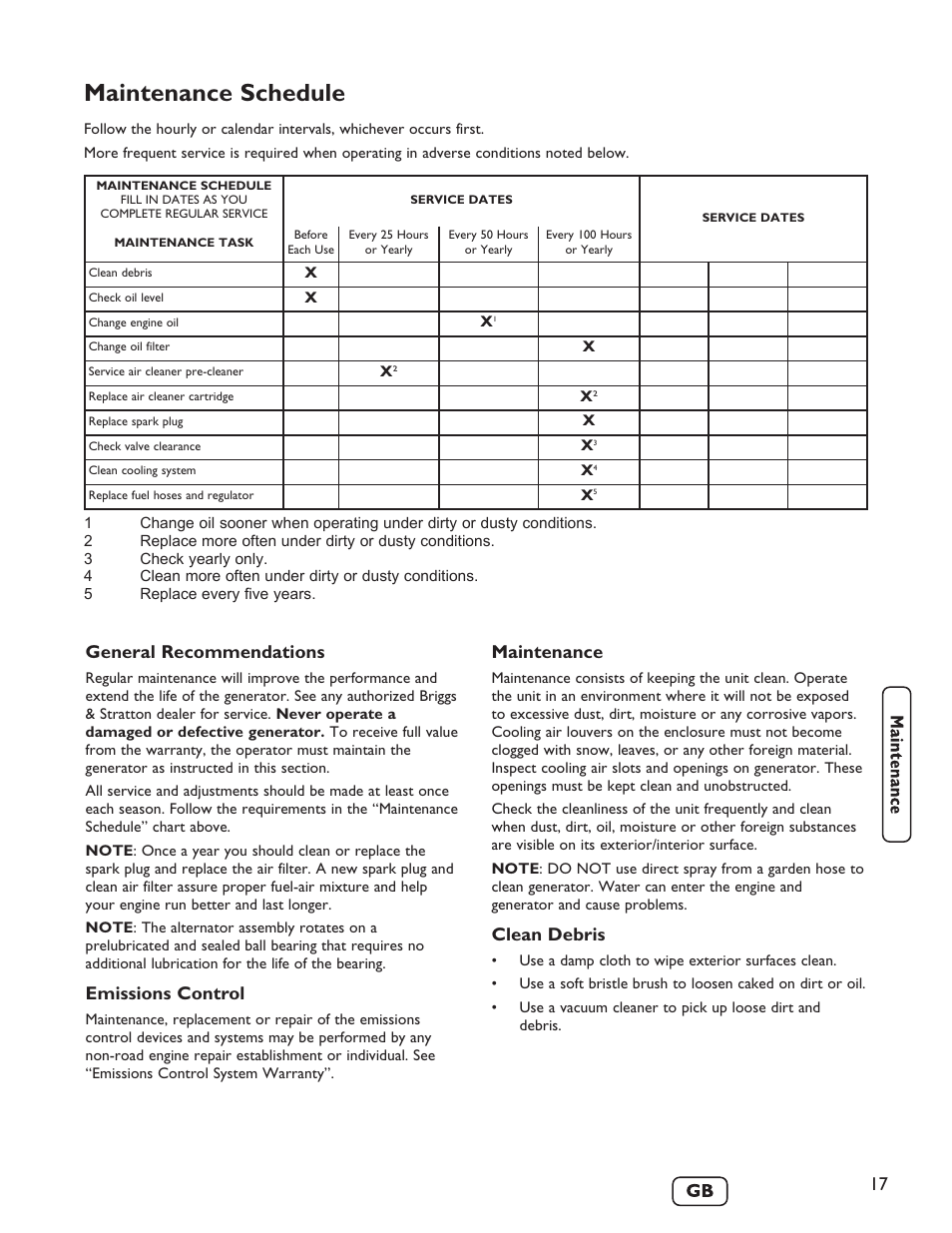 Maintenance schedule, General recommendations, Emissions control | Maintenance, Clean debris | Briggs & Stratton 40248 User Manual | Page 19 / 28