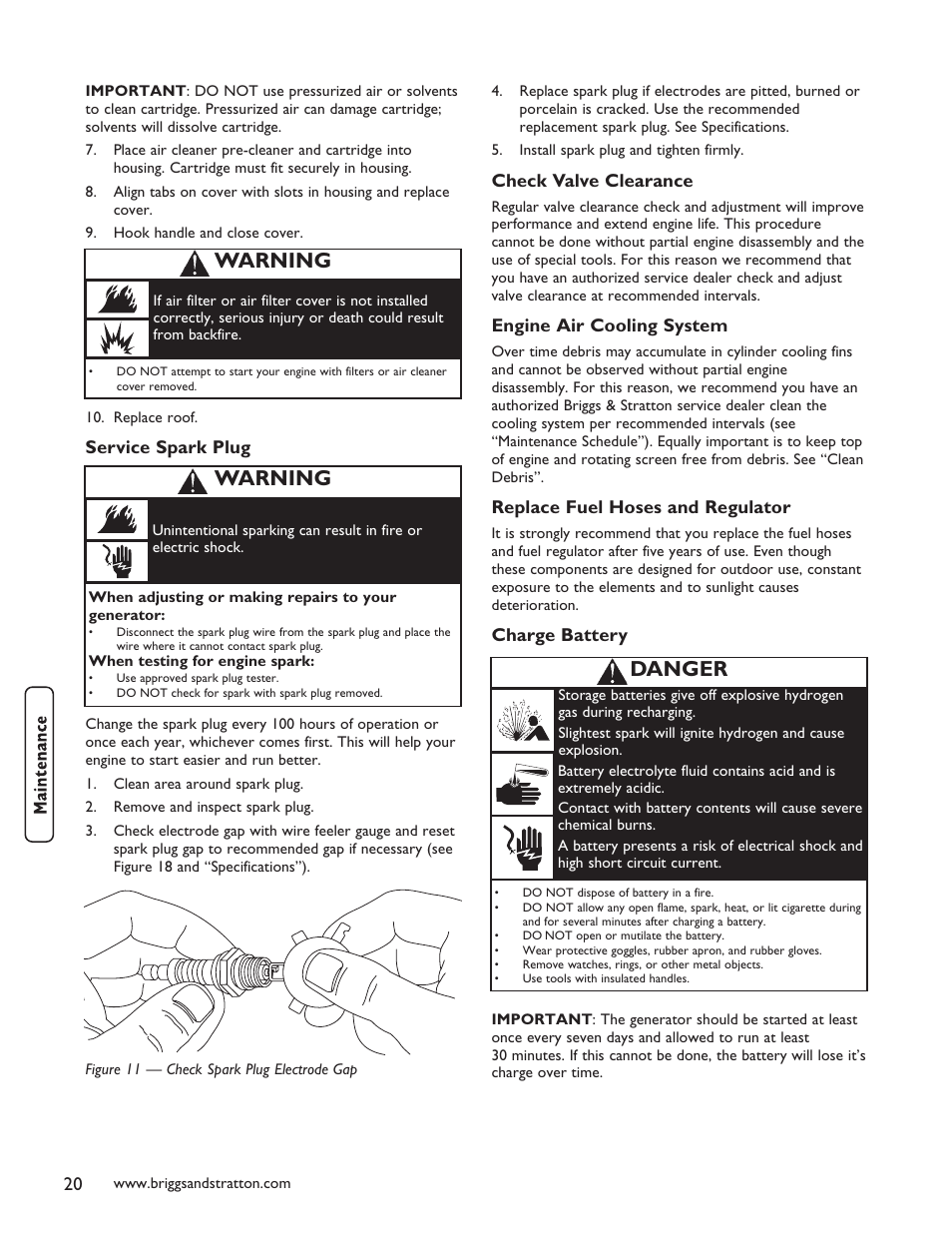 Service spark plug, Storage, Warning | Danger | Briggs & Stratton 40248 User Manual | Page 22 / 28