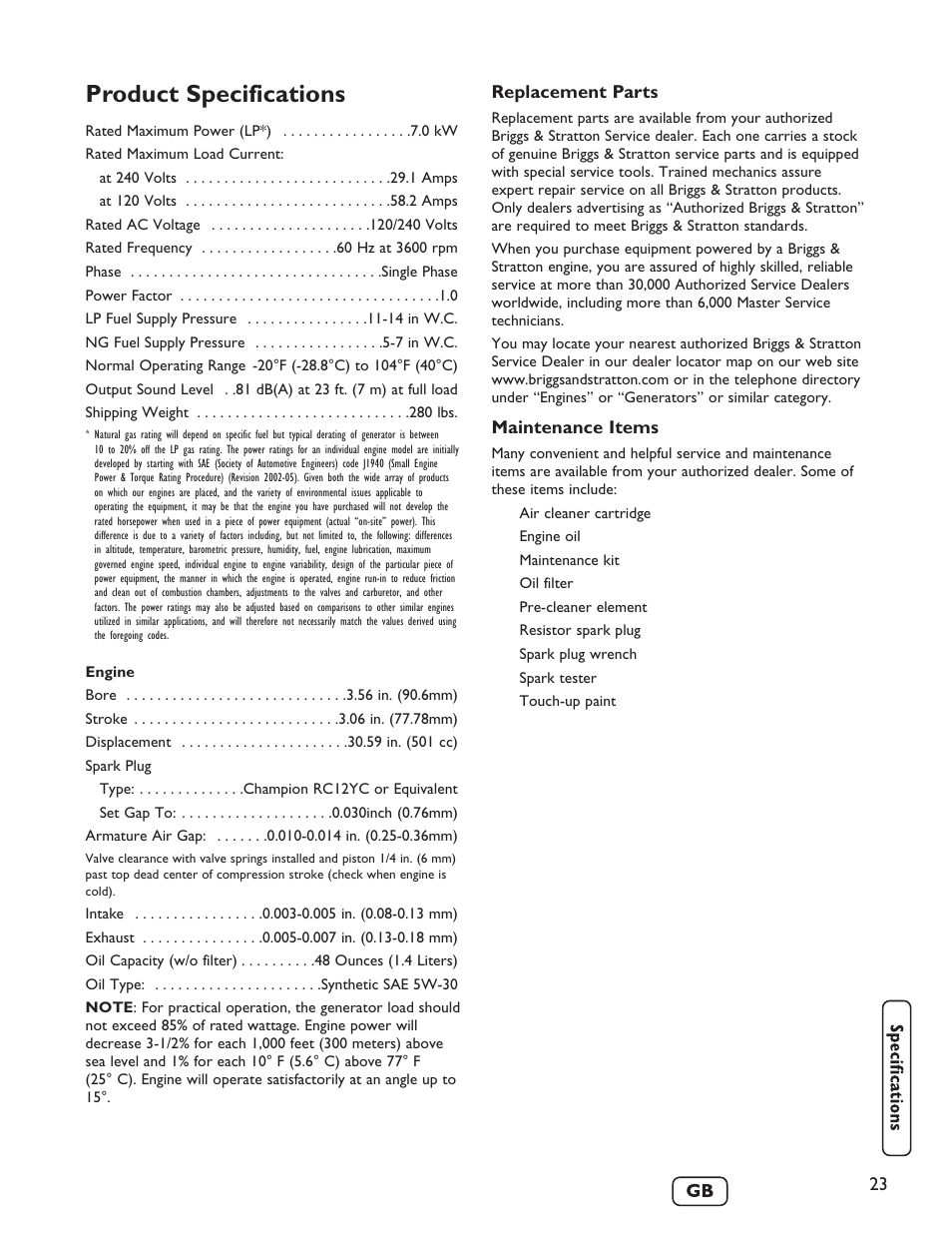 Product specifications | Briggs & Stratton 40248 User Manual | Page 25 / 28