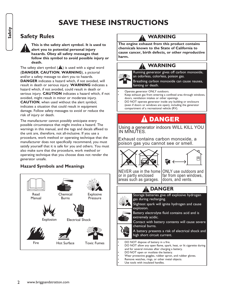 Save these instructions, Safety rules, Warning | Danger | Briggs & Stratton 40248 User Manual | Page 4 / 28