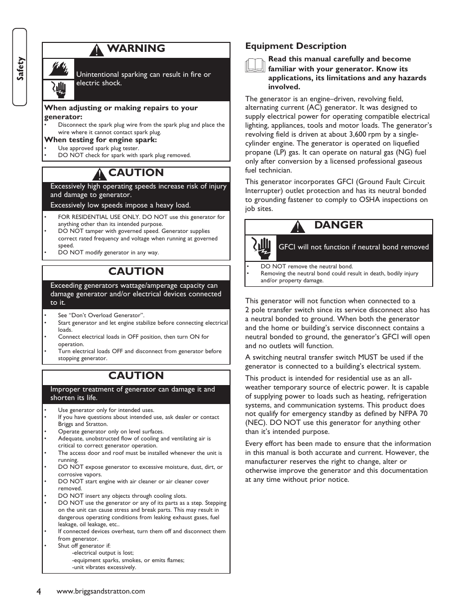 Equipment description, Assembly/installation, Danger | Caution, Warning | Briggs & Stratton 40248 User Manual | Page 6 / 28