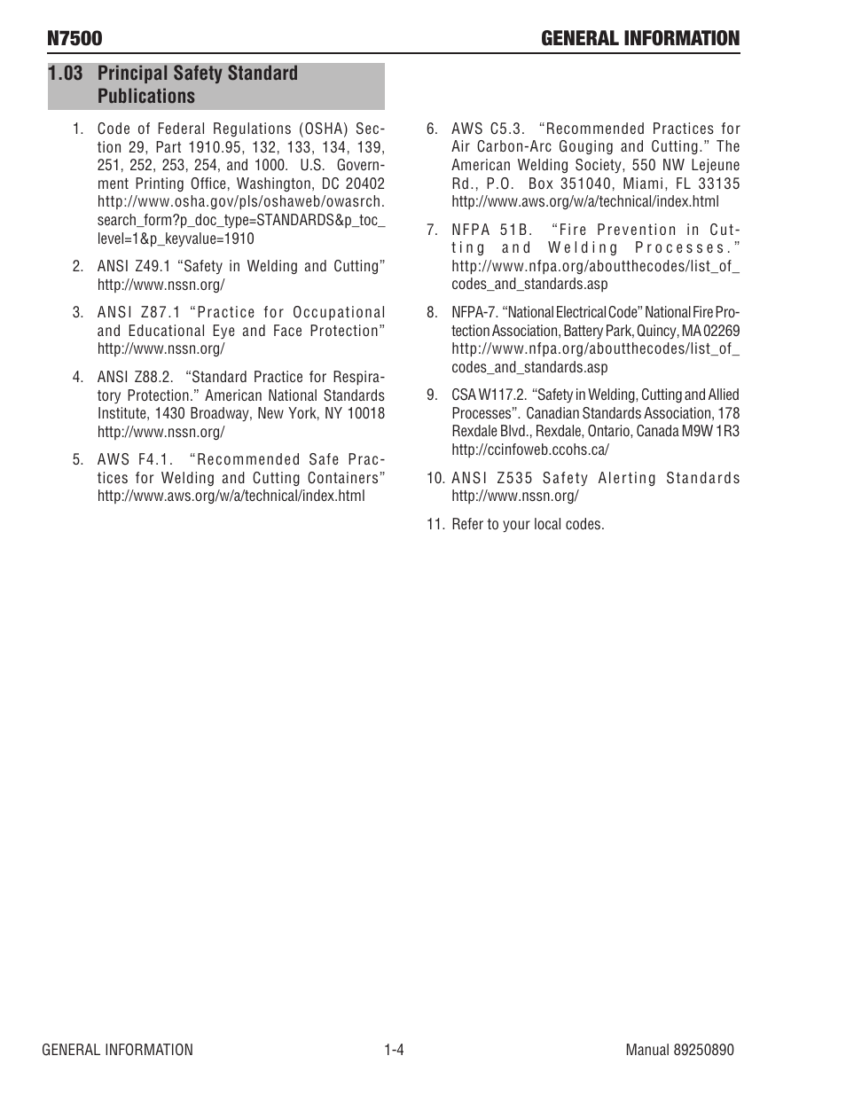 03 principal safety standard publications, 03 principal safety standard publications -4, N7500 general information | Tweco N7500 User Manual | Page 12 / 64