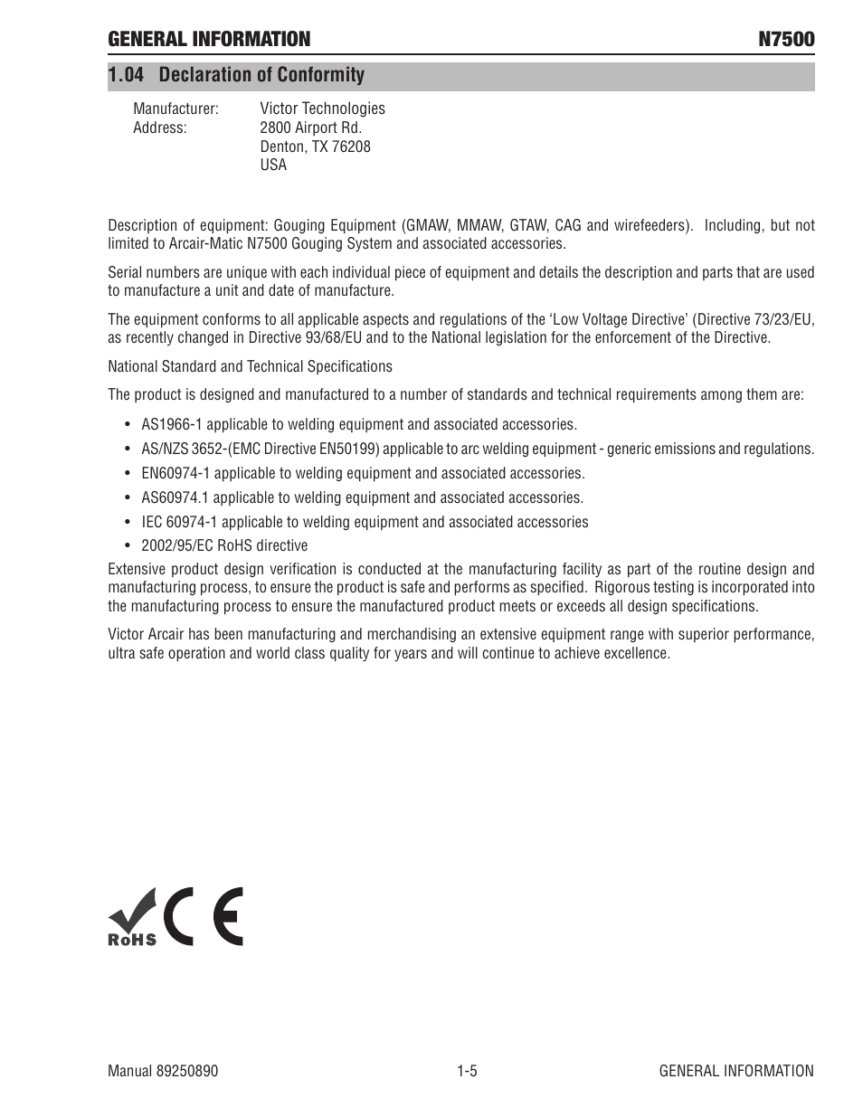 04 declaration of conformity, 04 declaration of conformity -5, General information n7500 | Tweco N7500 User Manual | Page 13 / 64