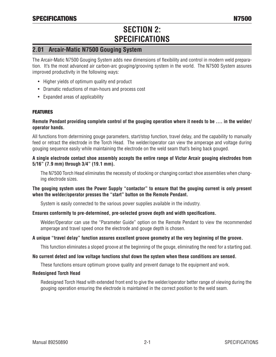 Section 2: specifications, 01 arcair-matic n7500 gouging system, Section 2: specifications -1 | 01 arcair-matic n7500 gouging system -1, Specifications n7500 | Tweco N7500 User Manual | Page 15 / 64