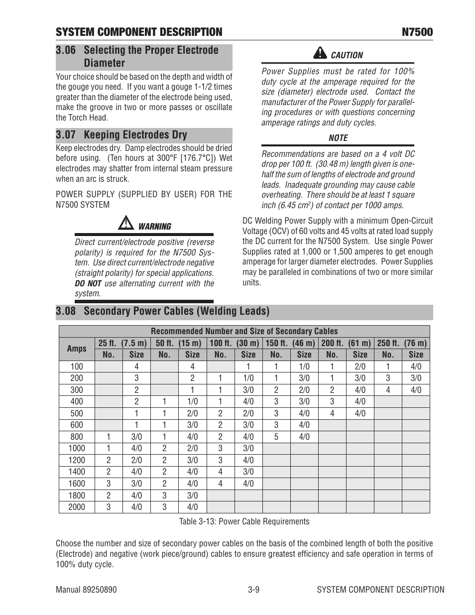 06 selecting the proper electrode diameter, 07 keeping electrodes dry, 08 secondary power cables (welding leads) | System component description n7500 | Tweco N7500 User Manual | Page 25 / 64