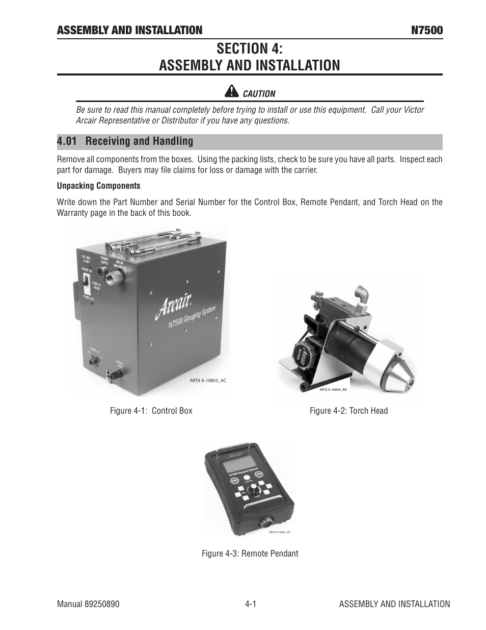 Section 4: assembly and installation, 01 receiving and handling, Section 4: assembly and installation -1 | 01 receiving and handling -1, Assembly and installation n7500 | Tweco N7500 User Manual | Page 27 / 64