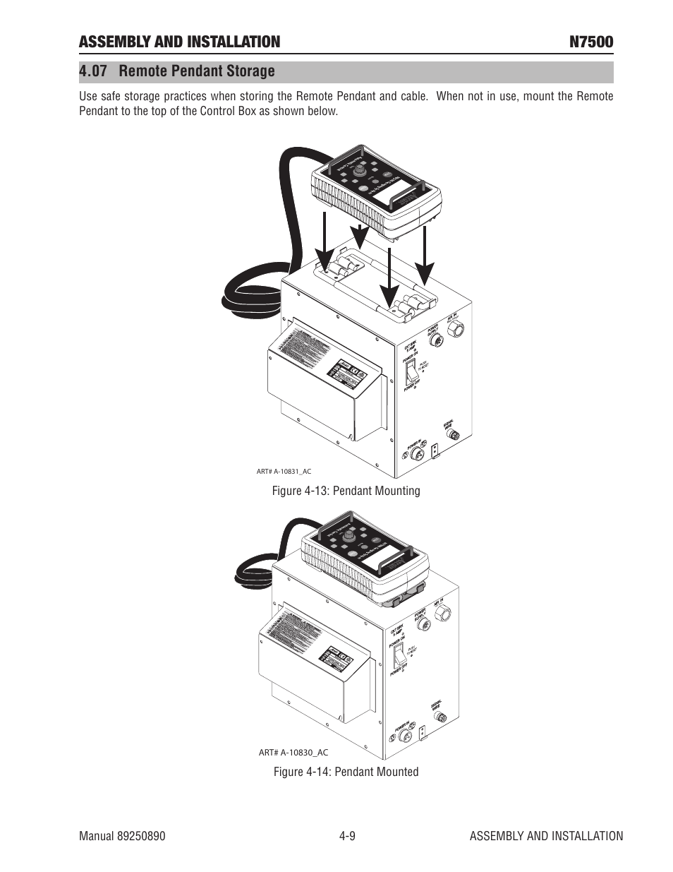 07 remote pendant storage, 07 remote pendant storage -9, Assembly and installation n7500 | Figure 4-13: pendant mounting, Figure 4-14: pendant mounted | Tweco N7500 User Manual | Page 35 / 64