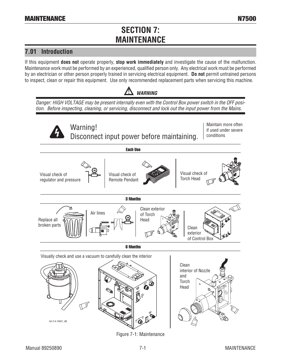 Section 7: maintenance, 01 introduction, Section 7: maintenance -1 | 01 introduction -1, Warning! disconnect input power before maintaining, Maintenance n7500 | Tweco N7500 User Manual | Page 47 / 64