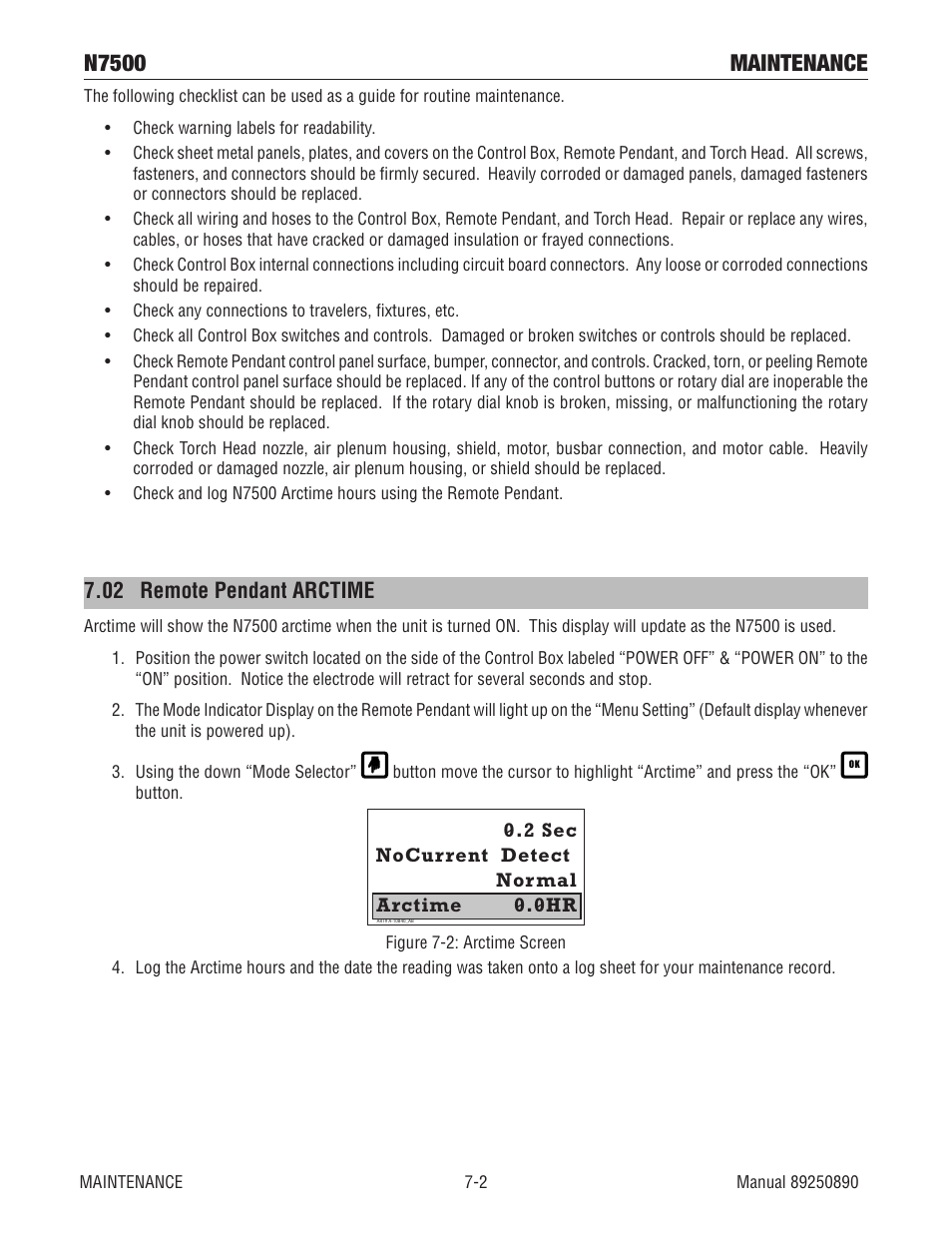 02 remote pendant arctime, 02 remote pendant arctime -2, N7500 maintenance | Tweco N7500 User Manual | Page 48 / 64