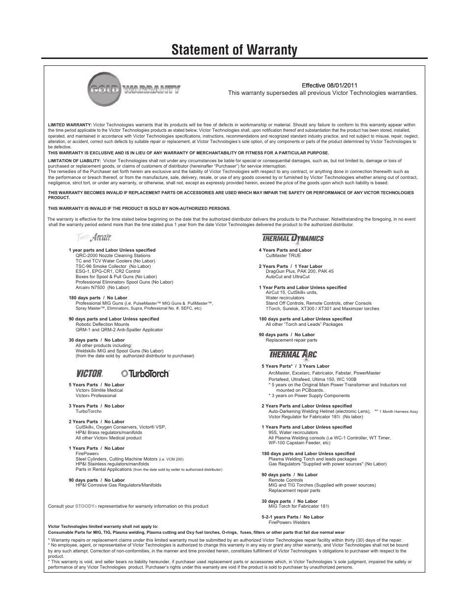Statement of warranty | Tweco N7500 User Manual | Page 63 / 64