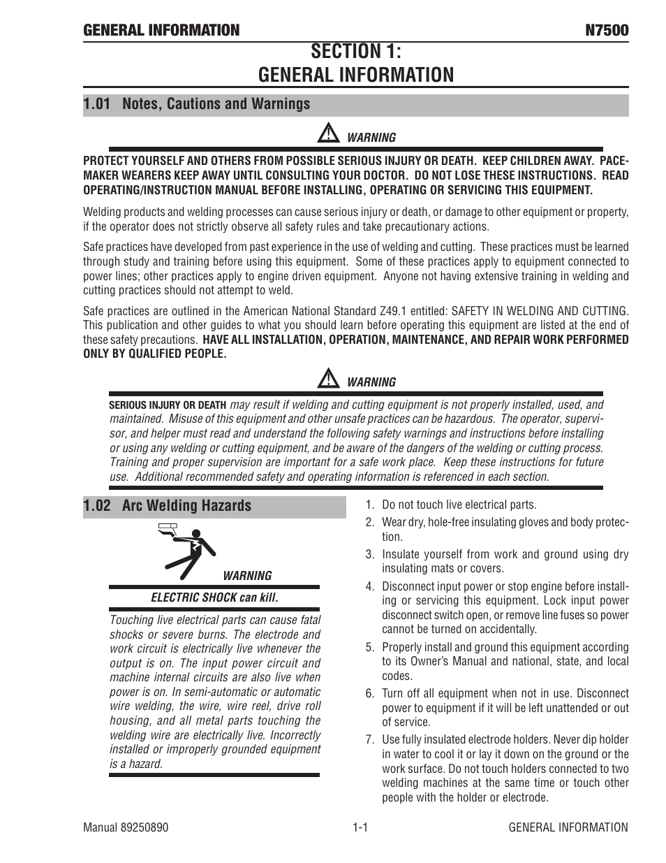 Section 1: general information, 01 notes, cautions and warnings, 02 arc welding hazards | Section 1: general information -1, General information n7500 | Tweco N7500 User Manual | Page 9 / 64