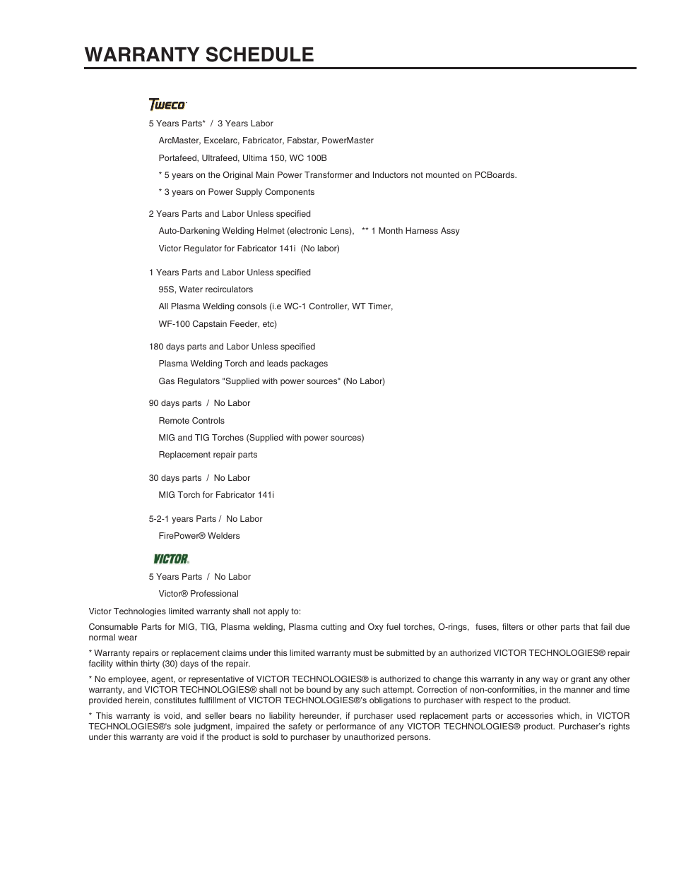 Warranty schedule | Tweco 141i Fabricator User Manual | Page 103 / 104