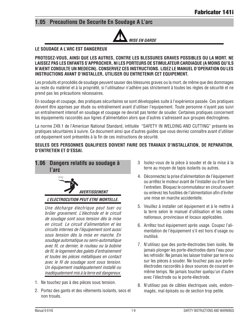 05 precautions de securite en soudage a l’arc, 06 dangers relatifs au soudage à l’arc, Precautions de securite en soudage a l’arc -9 | Dangers relatifs au soudage à l’arc -9, Fabricator 141i | Tweco 141i Fabricator User Manual | Page 15 / 104