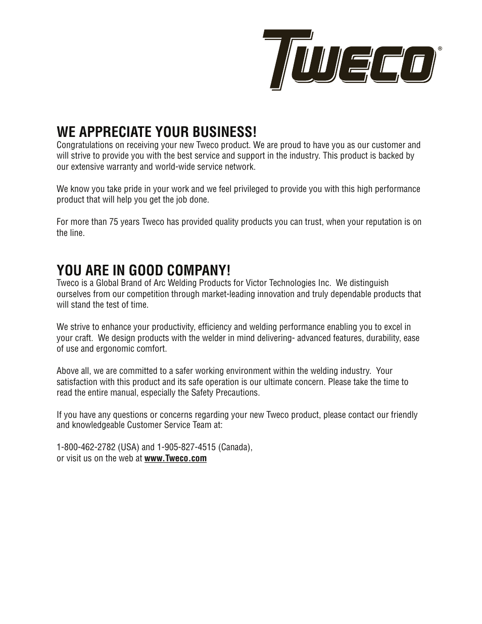 We appreciate your business, You are in good company | Tweco 141i Fabricator User Manual | Page 2 / 104