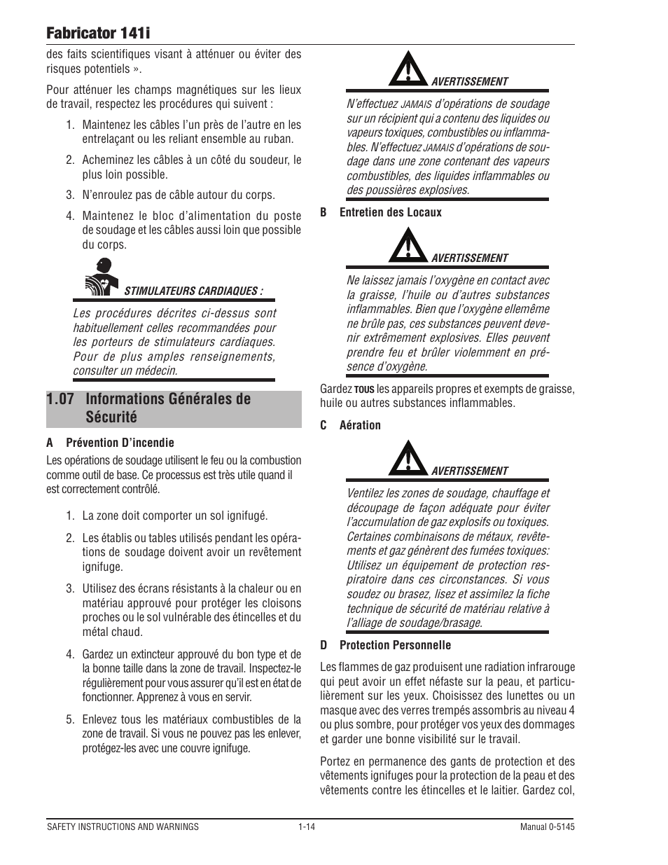 07 informations générales de sécurité, Informations générales de sécurité -14, Fabricator 141i | Tweco 141i Fabricator User Manual | Page 20 / 104