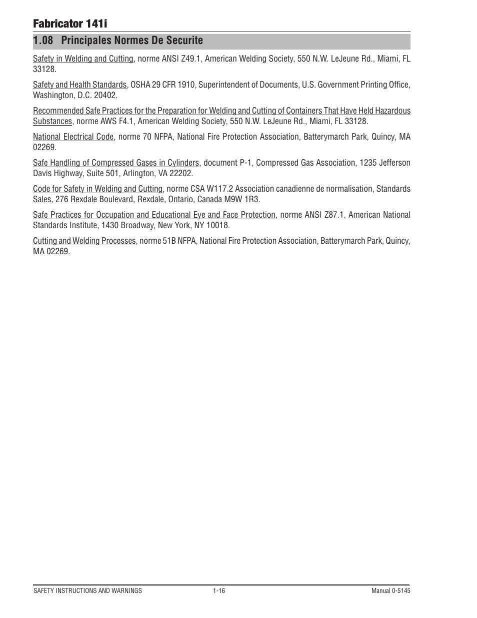 08 principales normes de securite, Principales normes de securite -16, Fabricator 141i | Tweco 141i Fabricator User Manual | Page 22 / 104