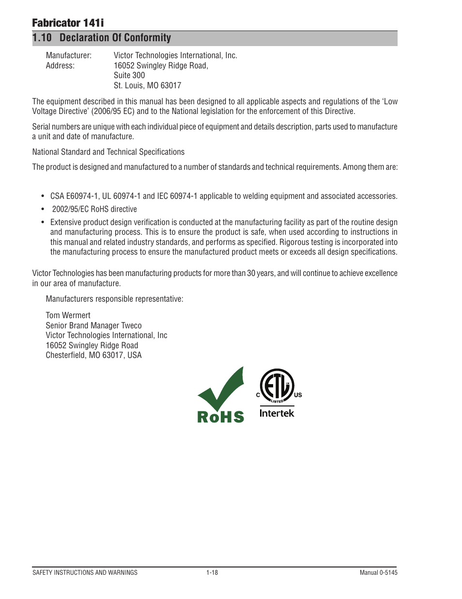 10 declaration of conformity, Declaration of conformity -18, Fabricator 141i | Tweco 141i Fabricator User Manual | Page 24 / 104