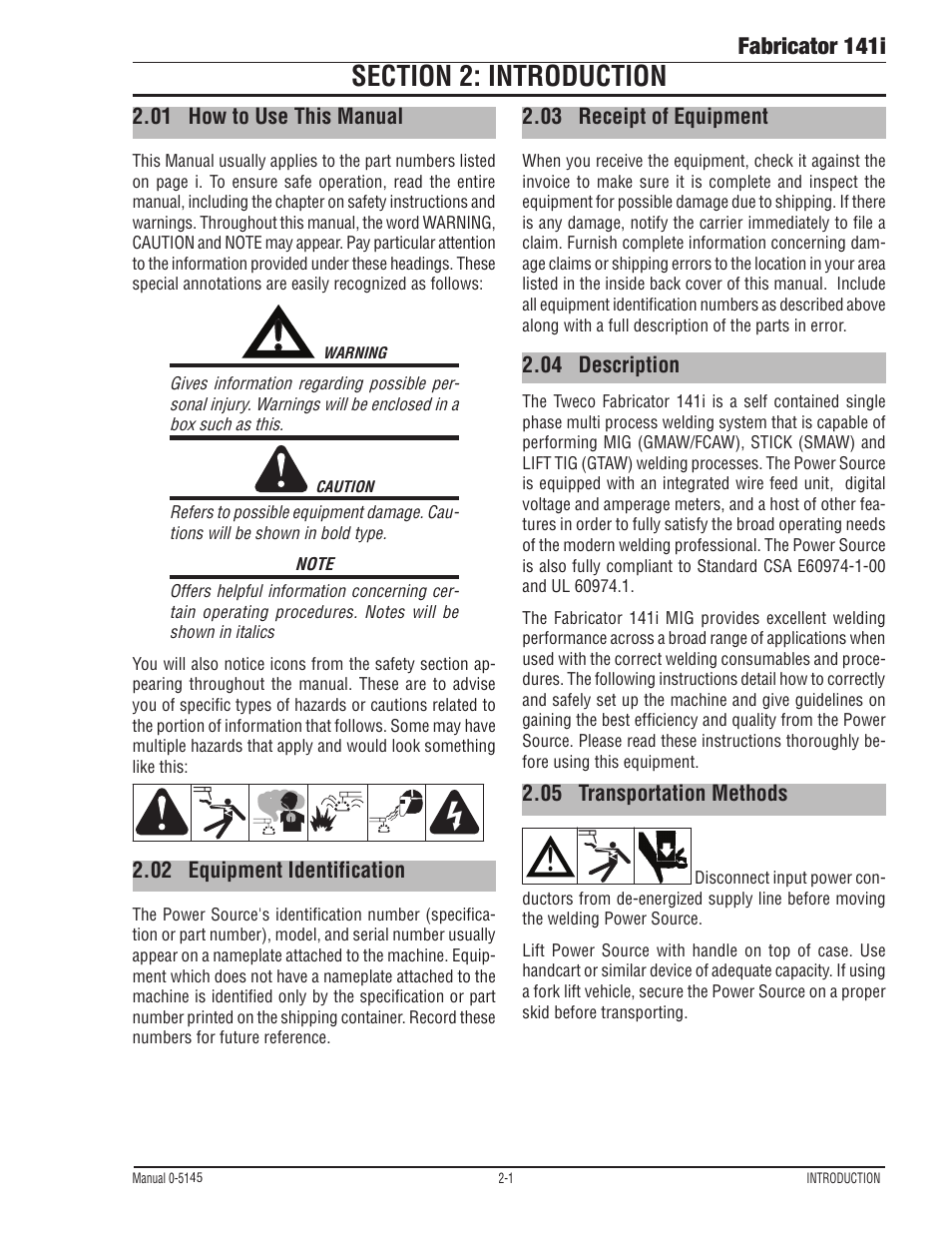 Section 2: introduction, 01 how to use this manual, 02 equipment identification | 03 receipt of equipment, 04 description, 05 transportation methods, Section 2: introduction -1, How to use this manual -1, Equipment identification -1, Receipt of equipment -1 | Tweco 141i Fabricator User Manual | Page 25 / 104